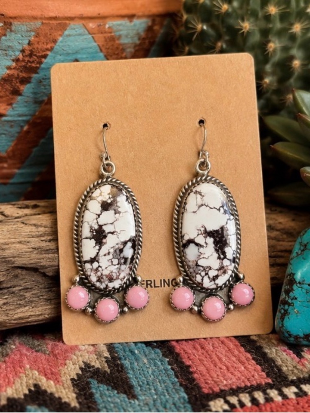 Sterling Silver White Howlite and Pink Stone Drop Earrings